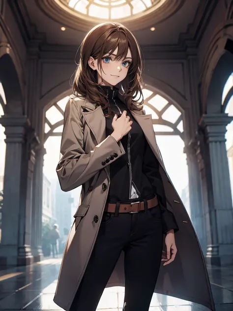 (Confused, High resolution, Very detailed), 1 female, Brown Hair,Medium Hair,Light blue eyes,Black and blue outfit,29th generation,beauty,mature,thin,quiet,A small smile,Coat,Slender and thin,boots,skinny pants,lobby,Small breasts,
