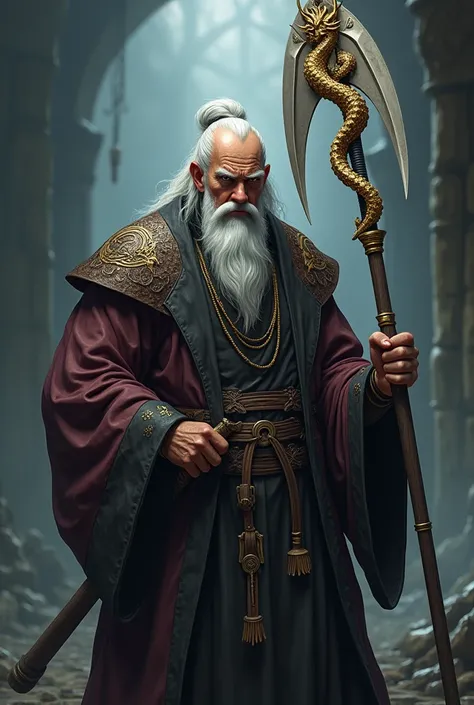 3D rendering style, 3d Anime style
full body, dark fantasy art

Homem de idade; wise appearance with well defined muscles; robes reminiscent of great philosophers and monks; wields a serrated war spear, the handle is adorned with golden dragon carvings and...