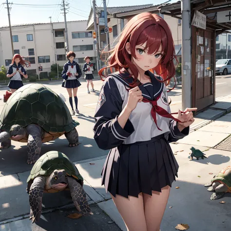 Red-haired middle school student,Sailor suit,1 large turtle,Girl playing with turtle,boyish appearance,Sulky face,Arguing with parents