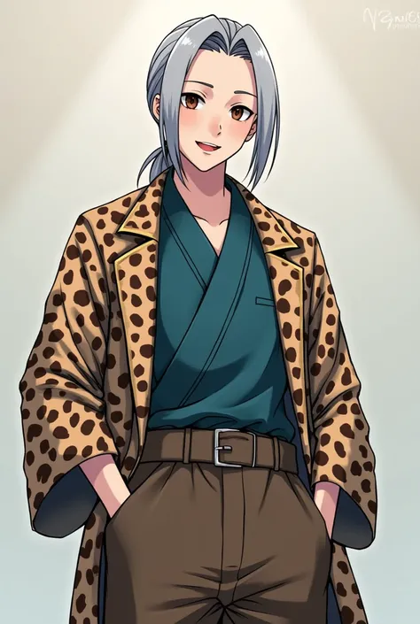 He is a new member of a popular game commentary group.。He has grey, shoulder-length hair tied back in a leopard-print haori coat, blue-green clothing underneath, and large brown pants.。
He has a slightly frivolous appearance and droopy brown eyes.