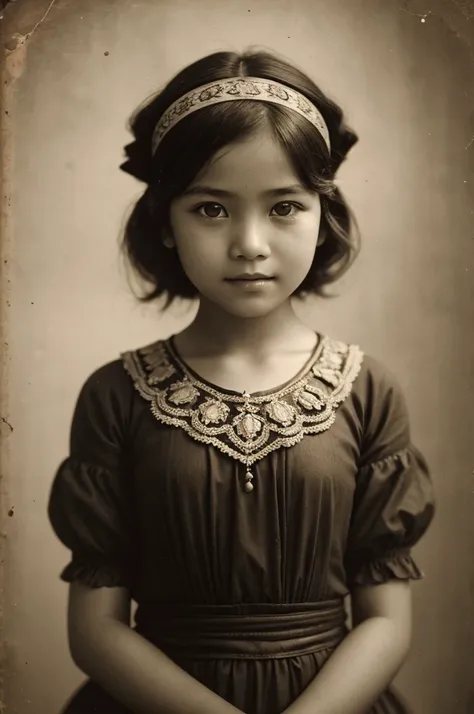 photo of arafed Indonesian a young girl  with headband and dress, old sepia photography, young girl, beautiful, vintage photography, antique photo, beautiful young girl, cute young girl, young, retro black and white photo 1910, antique photography, vintage...