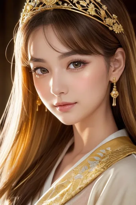 Fantastic World,Enhance the beauty of your eyes,Her eyes are a shining golden color,Golden eye makeup,Gold-dusted blush on the cheeks,Neat eyebrows,The face of a proud young royal woman,A faint, confident smile,Always kind,alone,Hair is asymmetrical,Rainbo...