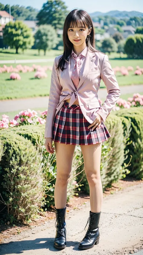 (8k、RAW Photos、Highest quality、masterpiece:1.2)、(Realistic、Realistic)、1 person、((Pink Blazer、Schoolgirl uniform、shirt、tie、チェックmini skirt、Medium Hair、mini skirt、Thin legs、boots、View from the front、Looking into the camera、garden、Stand with hands on hips))、cu...