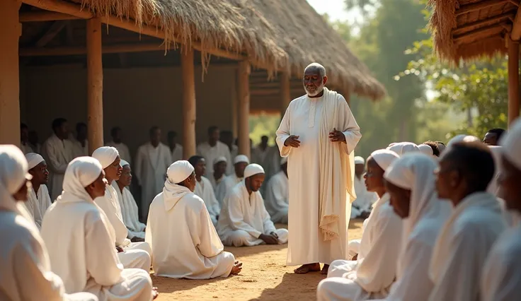 Black people pray in a thatched church. Both the men and the women are dressed traditional dras in white. The women covered their hair with a white scarf.The men are thier. all are site on the ground but Among them, an old man stands and prays.