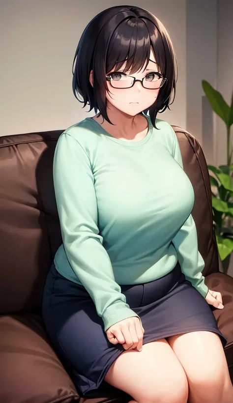 Chubby mature woman wearing glasses、Mother、Plain short black hair、Sitting on the sofa in the living room at night、Treated poorly, she looks sad and sheds tears.、solo、High resolution ,Highest quality、One woman, 