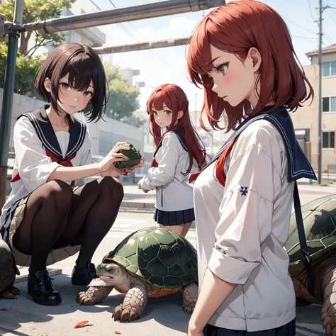 Red-haired middle school student,Sailor suit,1 large turtle,Girl playing with turtle,boyish appearance,Sulky face,Arguing with parents