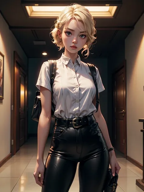 Disney Pixar style, cute girl avatar alone alone painting blonde hair hairstyle , white  shirt, black leather pants (leather pants:1.1) (strap buckles:1.2) (cinematic lighting) (sharp focus) (intricate),very detailled, best qualityer, very sharp, ultra hig...