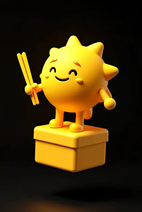 a voluminous stylized sun with rounded rays sits on a box with its legs dangling, in flight, 3D volumetric stylized icon that smiles, material yellow matte plastic, Black background, The sun has two chopsticks in his hand,
