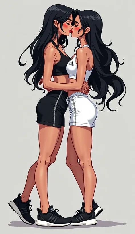 Two young women, long black hair, same height, Sexy, Yuri, Lesbian.

The first young women wears a black Adidas Adicolor Classics 3 white stripes shirt, Adidas Essentials 3 White Stripes Black Long Pants, black golf cap, white socks, white sneakers, tucked...