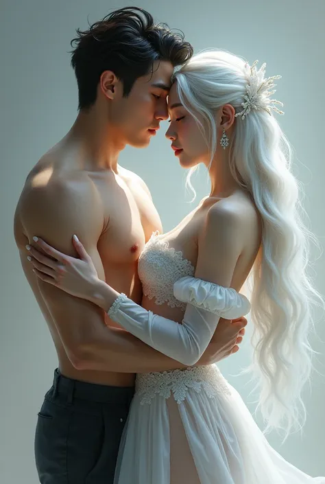 Young woman,Twenty-nine years old, Asian face, Long white hair, Skin as white as snow, Wearing a white witch costume, revealing her legs, Big chest, Thin waist, Big butt, In the arms of a black-haired young man, Painting style: realistic 2.5D
