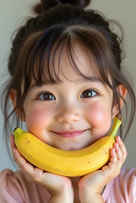 Super cute　Close-up of face　１５Year-old girl　Super beautiful　Holding a banana　cheeks stuffed　Looking at me