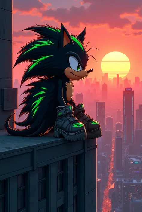 Black and neon green anthropomorphic hedgehog sitting on top of a building watching the sun set wearing boots.