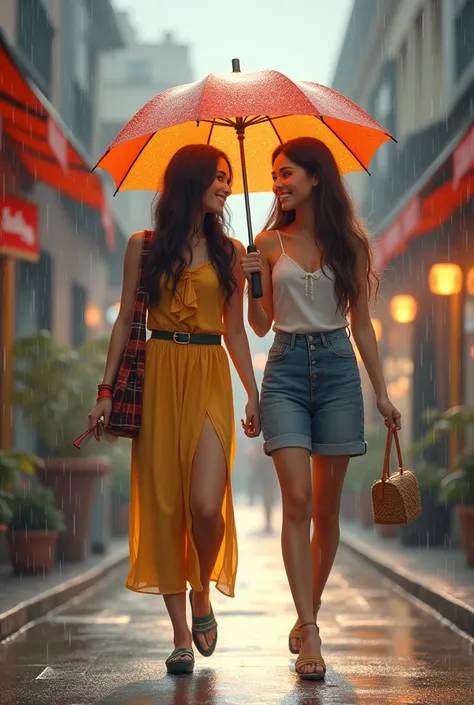 Two beautiful friends hold hands, one holding an umbrella, and happily walk through the rain together.