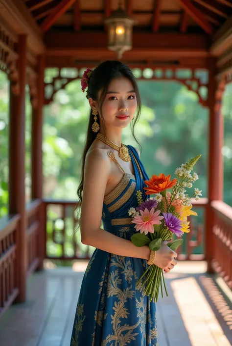 Beautiful young Thai woman looking at the camera, clear face, wearing a blue and gold Lanna silk Thai dress, wearing northern jewelry, standing in a Thai wooden pavilion, holding colorful flowers, having a green garden, flower garden, realistic 3D oil pain...