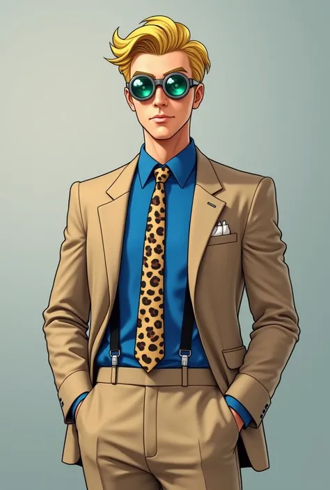 Nanami kento is a 30 year old japanese denmark man with blonde hair, worker, wear suit consists of beige pants with a matching jacket, a royal blue button-up shirt, and a patterned tie. use a leopard-print tie. he wear suspender, His goggles/glasses are gr...