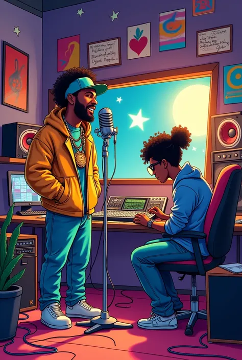 Rapper and producer making a song in music  studio, art in cartoon 
