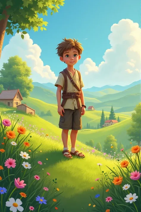 A young shepherd boy is standing on hill in village surrounded by greenery and flowers.