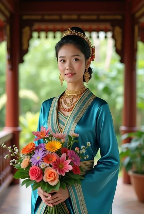 Beautiful young Thai woman looking at the camera, clear face, wearing a blue and gold Lanna silk Thai dress, wearing northern jewelry, standing in a Thai wooden pavilion, holding colorful flowers, having a green garden, flower garden, realistic 3D oil pain...