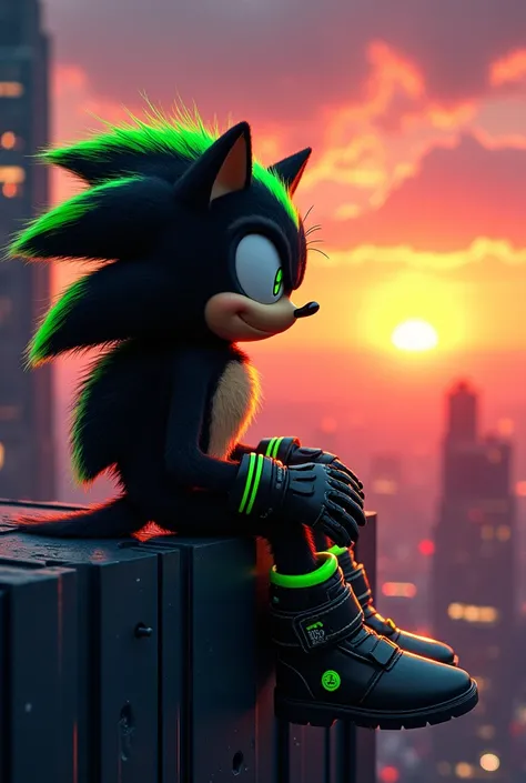 Black and neon green anthropomorphic hedgehog sitting on top of a building watching the sun set wearing boots and gloves 