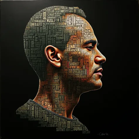 hyper-realistic painting that captures the essence of a modern cultural icon through an innovative fusion of typography and portraiture. The focal point of the image is a striking, three-dimensional side profile of a face, meticulously crafted from an intr...