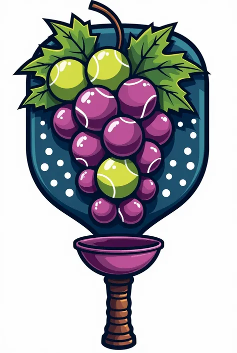 Logo for paddle tennis team. Bunch of grapes that its fruits are tennis balls, a paddle racket with holes and a wine tasting bowl at the bottom