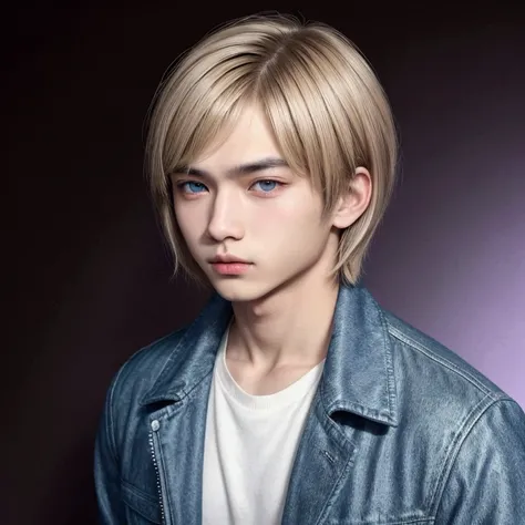 Half western half asian male teenager, dark blonde hair, bob cut hair, blue eyes, big eyes, rounded eyes, handsome face, standing, confident face, bangs, purple jacket,