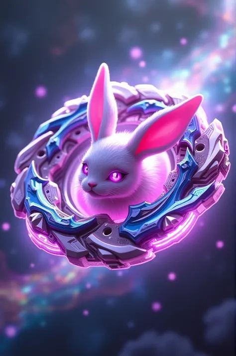 A rabbit Beyblade pink glowing purple.rabbit centre beyblade