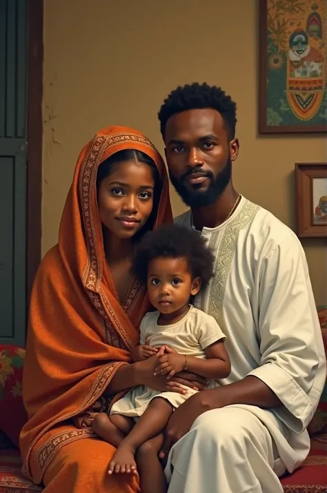 Zanzibari Muslim mother wearing a khanga sitting with  and older child and a Muslim father