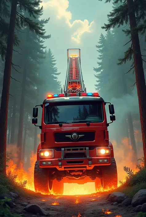 I want you to create me a fire truck to put out forest fires in illustration mode. I would like there to be a hose above the cabin and a thin ramp from which water comes out to put out a fire in front of the truck.