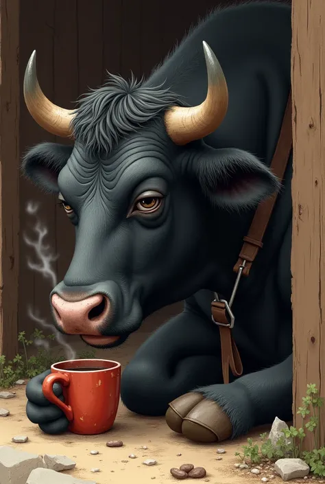 drawing of a tired black cow drinking coffee 