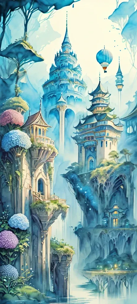 Inspired by the colors of hydrangeas、Laputa style、hot air balloon、Water is plentiful, an underwater city, Undersea temple,Water Monastery, Submerged temple landscape, aquatic environment, Water Monastery, the The Lost City of Atlantis, The Lost City of Atl...