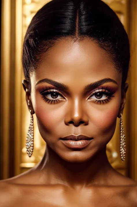 a beautiful janet jackson, exquisite detailed facial features, high cheekbones, full lips, long lashes, glamorous hairstyle, flawless skin, elegant pose, dramatic lighting, cinematic camera angle, high fashion editorial, editorial style, vibrant colors, gl...