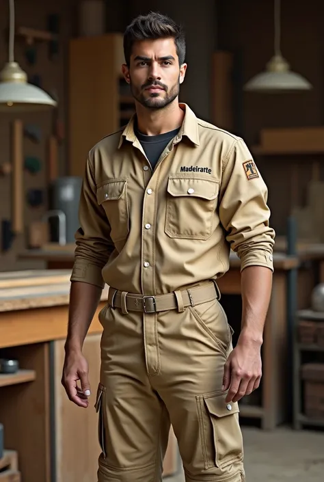 generate me a beige long sleeve carpentry uniform, the brand name is MadeirArte 