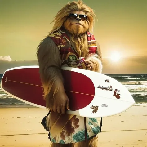 chew lei lei lei is holding a surfboard on the beach, wookie, starring Chewbacca, Chewbacca, Giga Chad Kapaybara, Bigfoot in sunglasses, gandAlf as Chewbacca, movie still of Chewbacca, Alf, ( yeti, stunning yeti, yeti, outcast style ( movie ), Chewbacca ro...