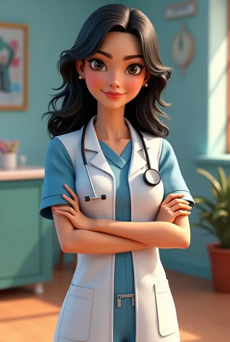 a woman with black hair and a blonde streak in the front, sun-kissed, dressed as a doctor in the movie Toy Story