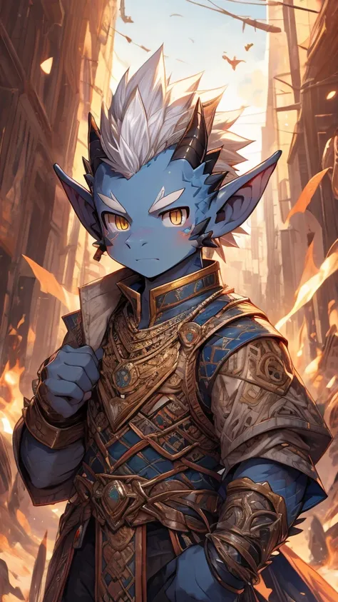 high resolution, Clear focus, Pixiv masterpiece, ((Intricate details)), Very detailed, , 1 boy, male, furry, (Spiked Hairstyle:1.1), Ponytail, White hair，Gray-blue skin，Golden Eyes，Lotus blue clothes，独奏，full body，Dragon Orc、Young Hero，White pants，constrict...