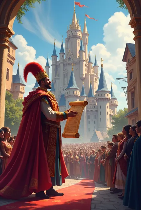 The king announces a grand ball for the prince: "A royal herald stands in the town square, holding a scroll and announcing to a crowd about a grand ball at the palace, with the towering castle in the background, decorated for the event."
