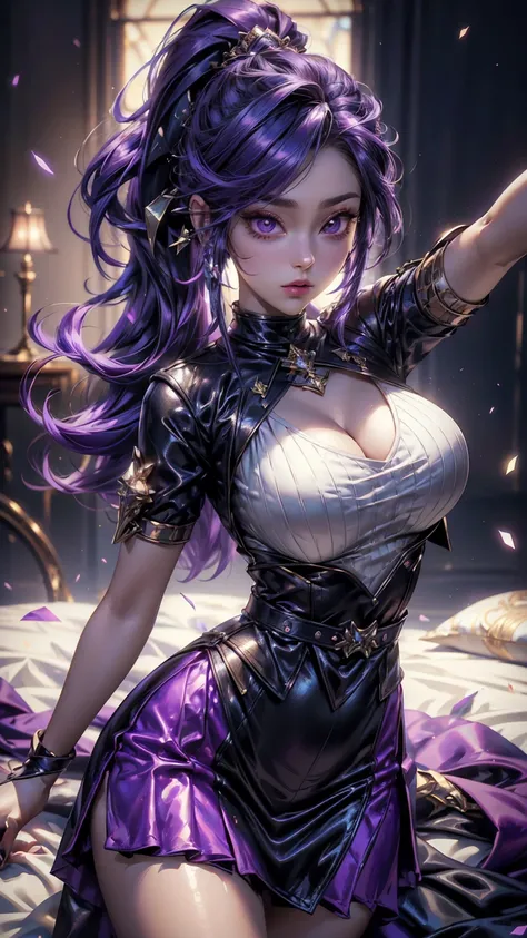 ((Realistic light, Best Quality, 8k, Masterpiece :1.3)), taking selfies, 1girl, beautiful woman with perfect figure :1.4, abs :1.1, (purple hair, Huge-breasts :1.3), Arabian dress :1.4,belts :1.2, translucent detail in dress, color black and other bed inse...