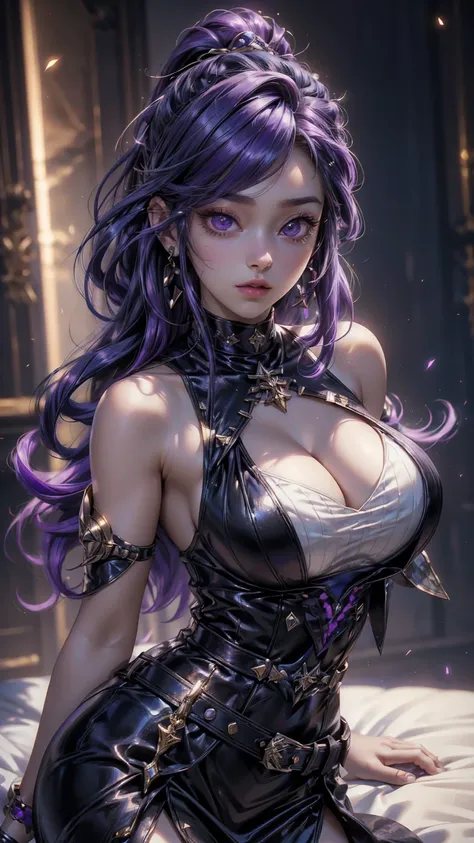 ((Realistic light, Best Quality, 8k, Masterpiece :1.3)), taking selfies, 1girl, beautiful woman with perfect figure :1.4, abs :1.1, (purple hair, Huge-breasts :1.3), Arabian dress :1.4,belts :1.2, translucent detail in dress, color black and other bed inse...