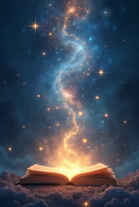 Universe of Stories: "A vast cosmic scene with swirling galaxies, stars, and planets, symbolizing the universe. In the center, a glowing book opens, and out of its pages, stars and constellations float upwards, representing stories emerging into the cosmos...