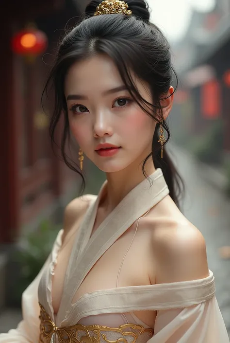 Best Quality, Masterpiece, High Resolution, 1girl, Hanfu, Tang Dynasty Costume, Small, Flat Chest, Collarbone, Off-the-Shoulder Exquisite Face, Realistic, Real People, (High Detail Skin: 1.4), SLR, Soft Light, High Quality, Photo, High Resolution, Backgrou...