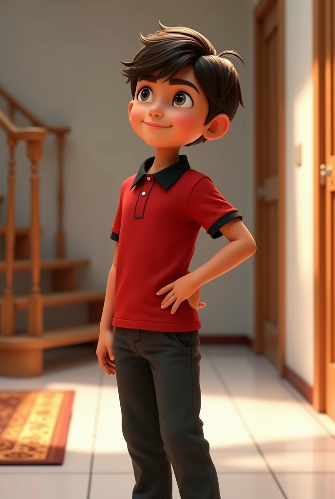 A young boy stands confidently in a brightly lit room, wearing a red polo shirt with black trim and dark pants. He has short, wavy hair and poses with one hand on his hip, gazing slightly upward. Behind him, there’s a staircase and a wooden door with verti...