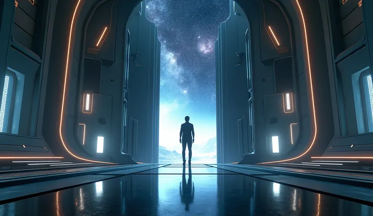 A person stands in the center of an open door, with the blue Earth visible outside. The scene is set inside futuristic architecture, with high tech elements and sci fi aesthetics. It features a wide angle perspective and is captured from behind. In the bac...