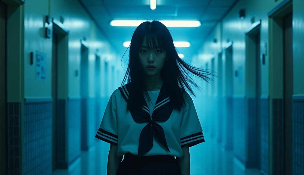 a 20-year-old korean high school girl, night, school uniform, eerie atmosphere, tile background, expressionless face, strong wind blowing hair, flickering fluorescent lights, electric blue aura around body