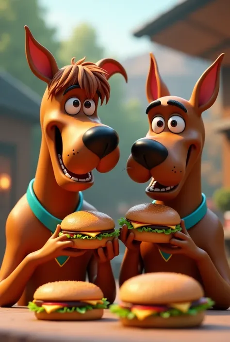 make Shaggy and scooby doo  , They are hungry, They are eating hamburger, pixar, ..3D, Disney