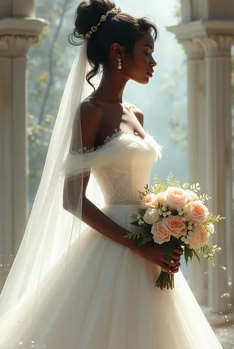 Black bride with bouquet and white dress shoulders covered with hair in a bun 
