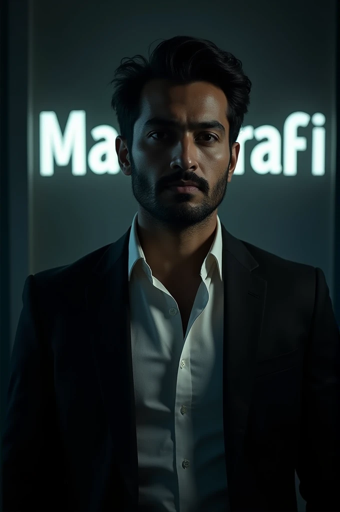 Create a highly realistic portrait of a  Bangladeshi man named mashrafi talukder, standing in a dark room. He is wearing a blackblazer and a white shirt. The lighting should be dramatic, focusing on his handsome face with a light stubble, giving him a rugg...