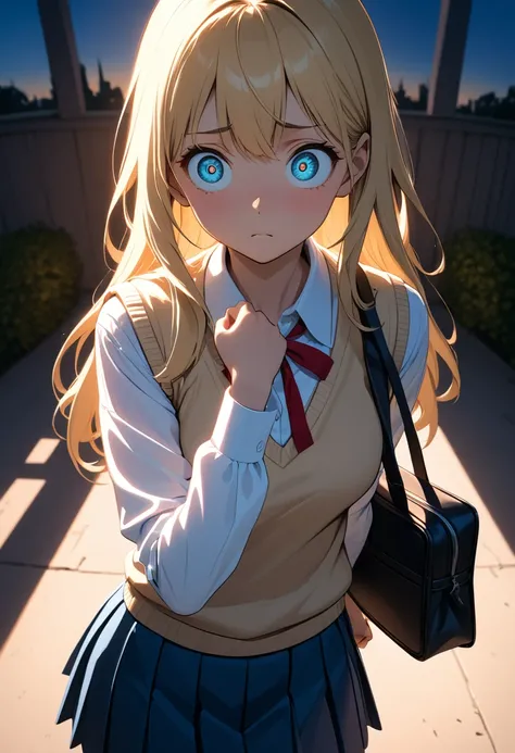 (masterpiece), best quality, 1 girl, solo, upper body, blue eyes, blonde hair, long hair, messy haircuts, mouth mask, school uniform ((white shirt long sleeves. sweater vest, red neck ribbon, blue skirt, black long socks, Wearing a school hand bag), Expres...