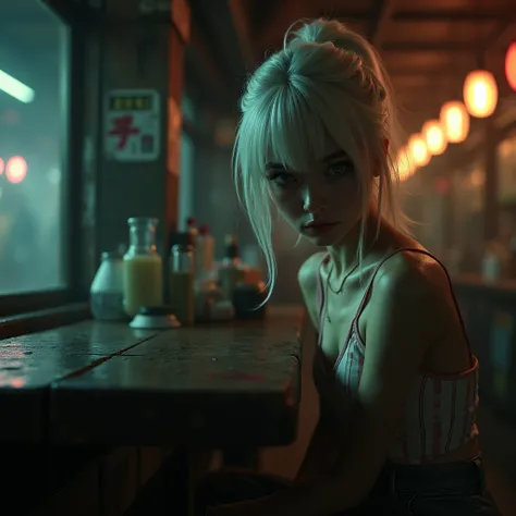 a gorgeus japanese woman, white hair, sitting at the counter of a filthy bar, side braid, eye reflection, crazy eyes, raised eyebrows, naughty, excited, depth of field, glowing light, from below, masterpiece, 16k