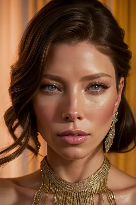 a beautiful jessica biel, exquisite detailed facial features, high cheekbones, full lips, long lashes, glamorous hairstyle, flawless skin, elegant pose, dramatic lighting, cinematic camera angle, high fashion editorial, editorial style, vibrant colors, glo...